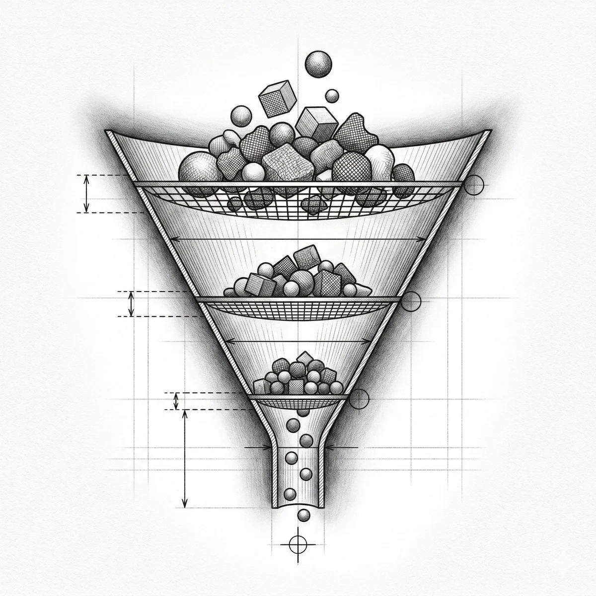 Funnel with four mesh screens
