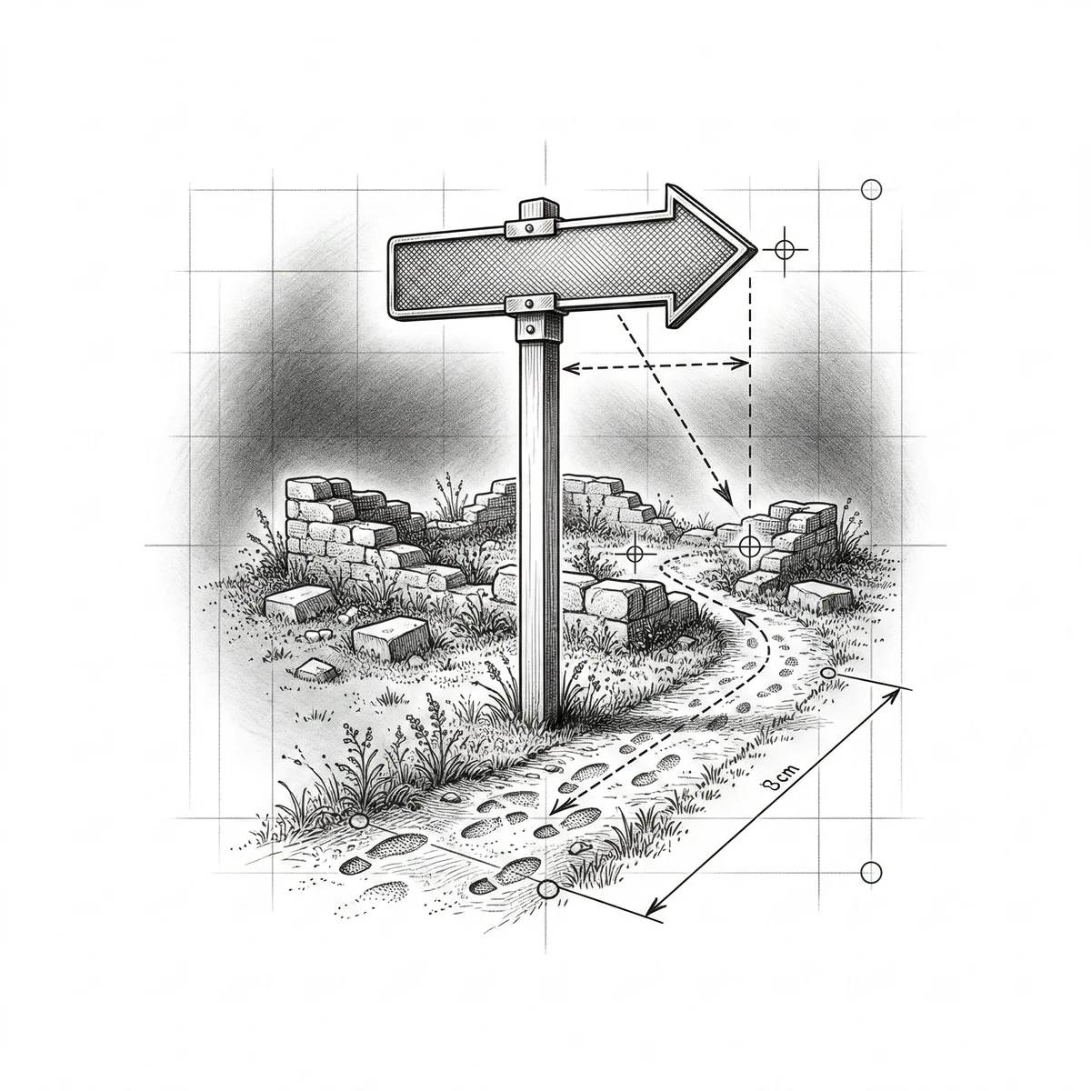 Road sign pointing to ruins