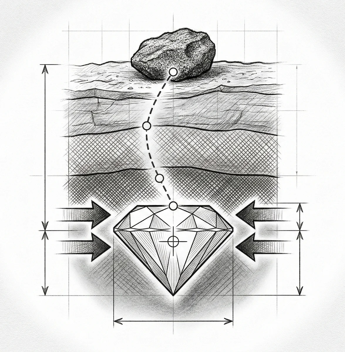 Carbon to diamond under pressure