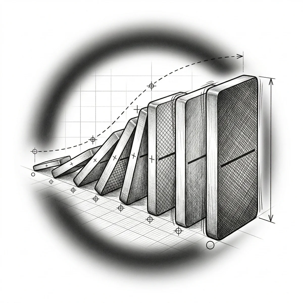 Domino cascade with exponentially growing pieces