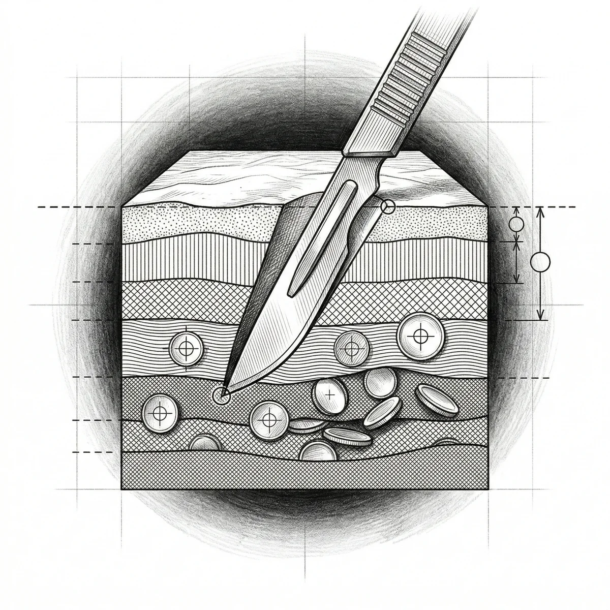 Scalpel revealing embedded coins in tissue layers