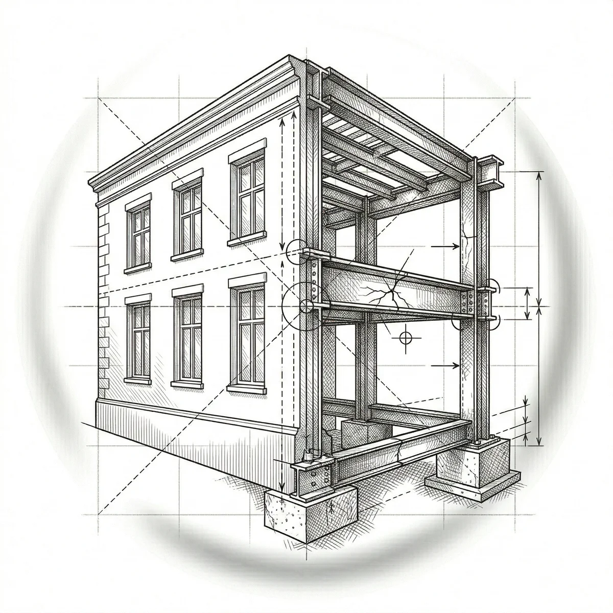 Building section-cut revealing hidden structural skeleton