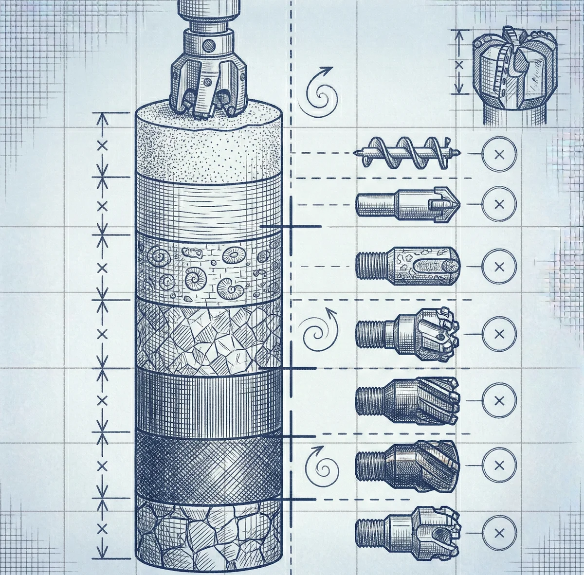 Geological core sample with seven strata