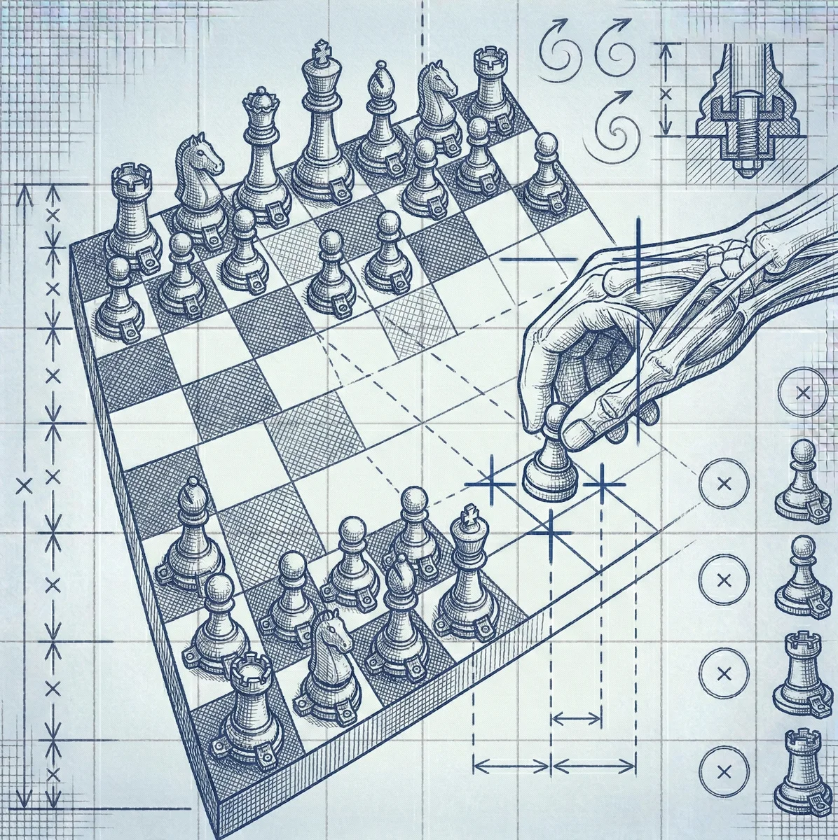 Chessboard with pieces bolted to squares